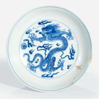 A Chinese blue and white porcelain "Dragon" dish Kangxi mark and period