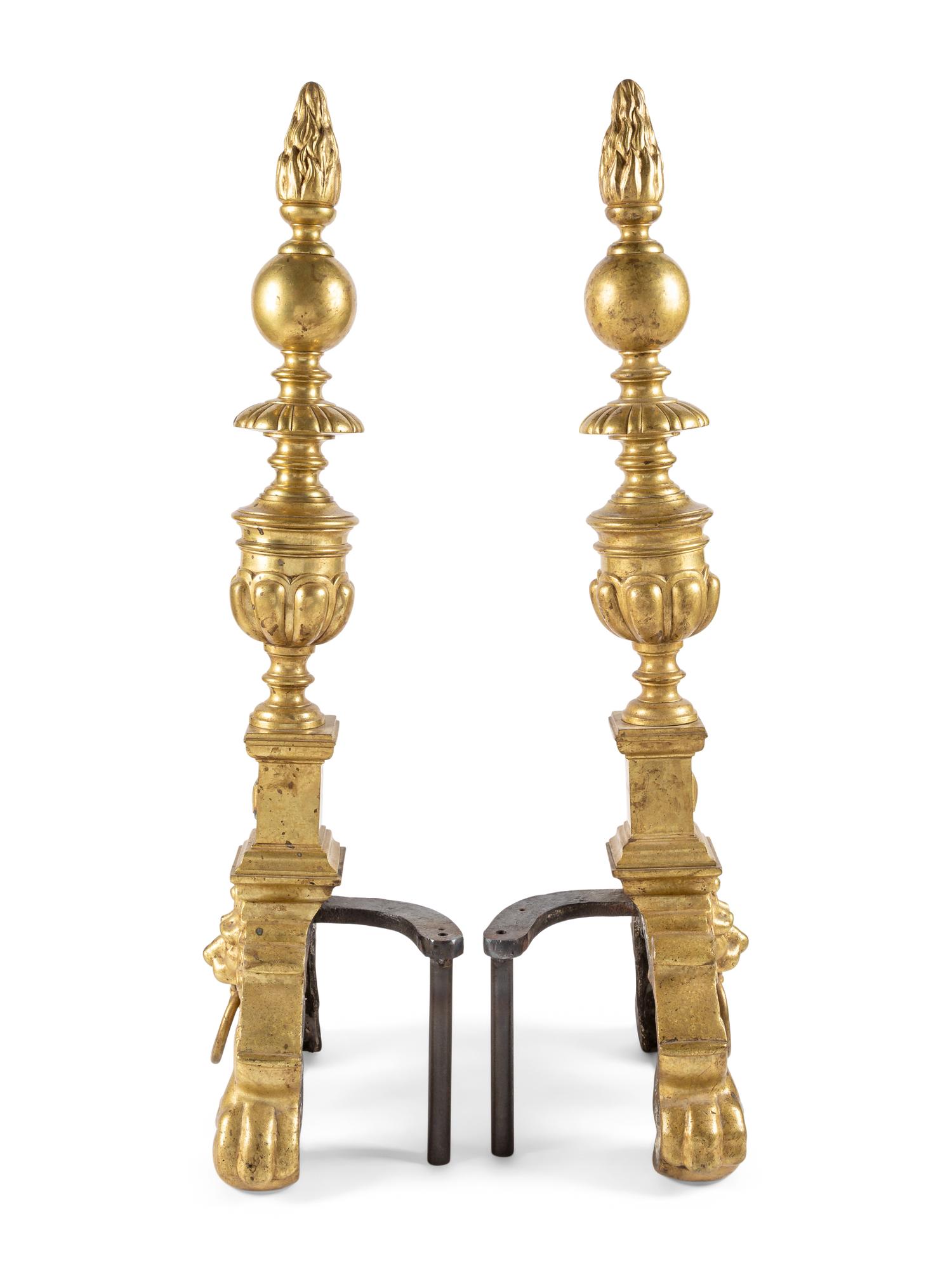 A Pair of Continental Baroque Style Brass Andirons