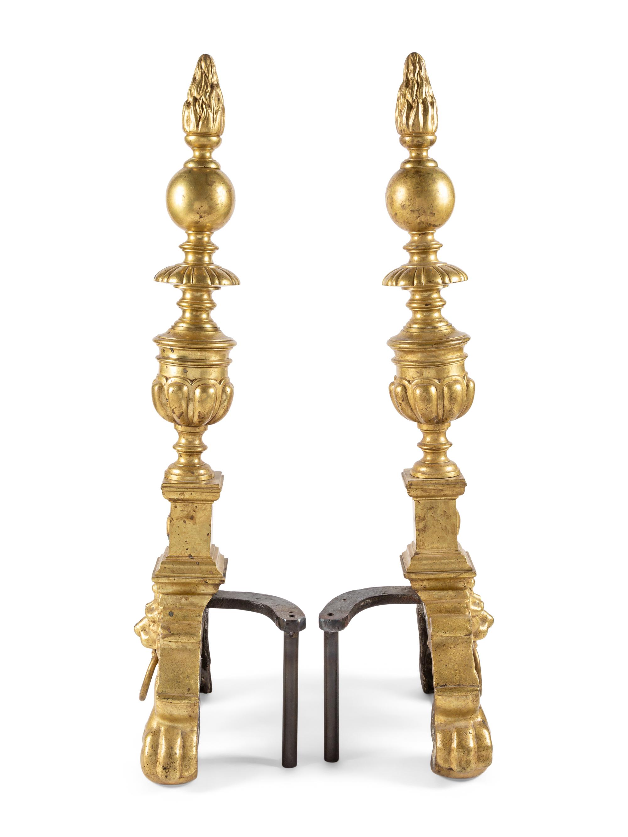 A Pair of Continental Baroque Style Brass Andirons