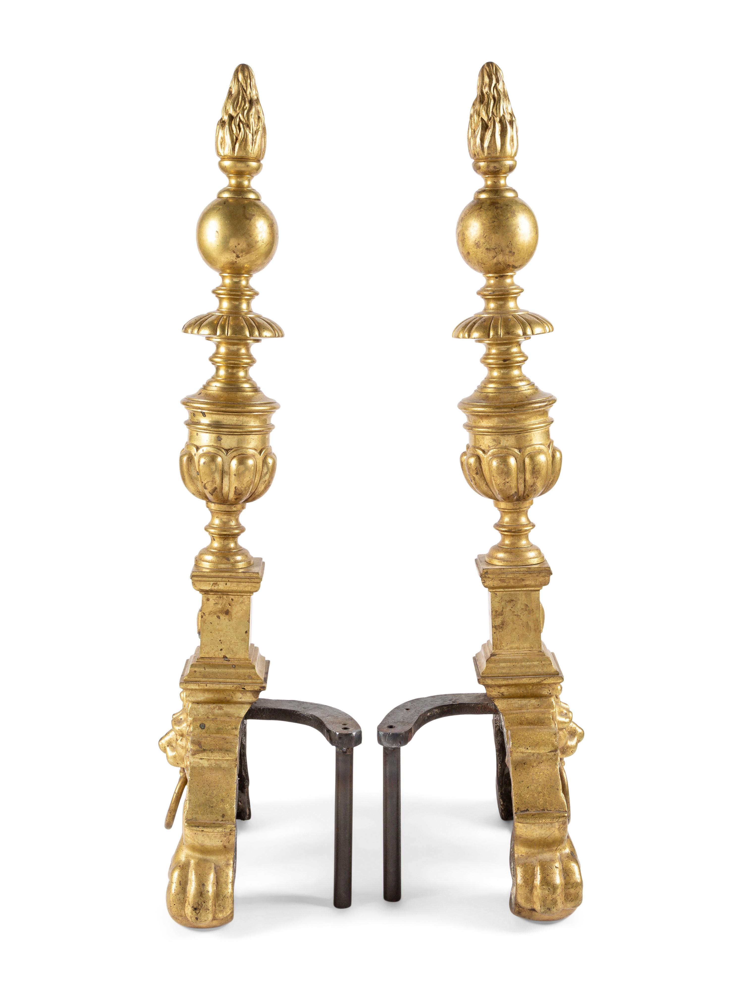 A Pair of Continental Baroque Style Brass Andirons