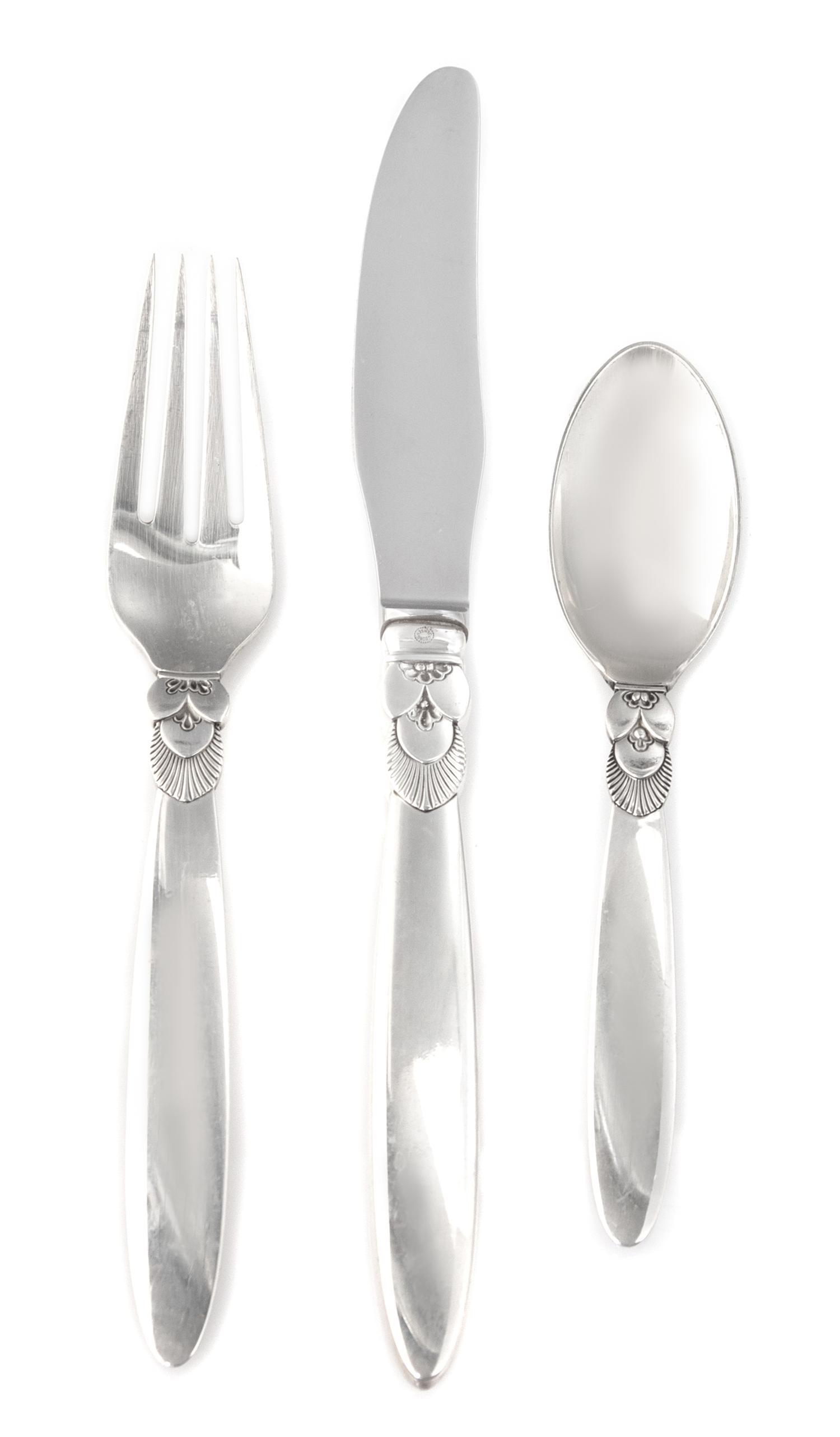 A Danish Silver Flatware Service, Georg Jensen Silversmithy, Copenhagen, 20th Century, Cactus pattern, comprising: 12 serrated blade di