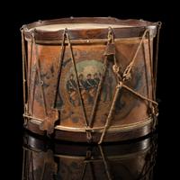 Civil War painted military snare drum featuring four drummers and officer. Manufactured by W.G. Metzerott & Co., Washington City, DC.