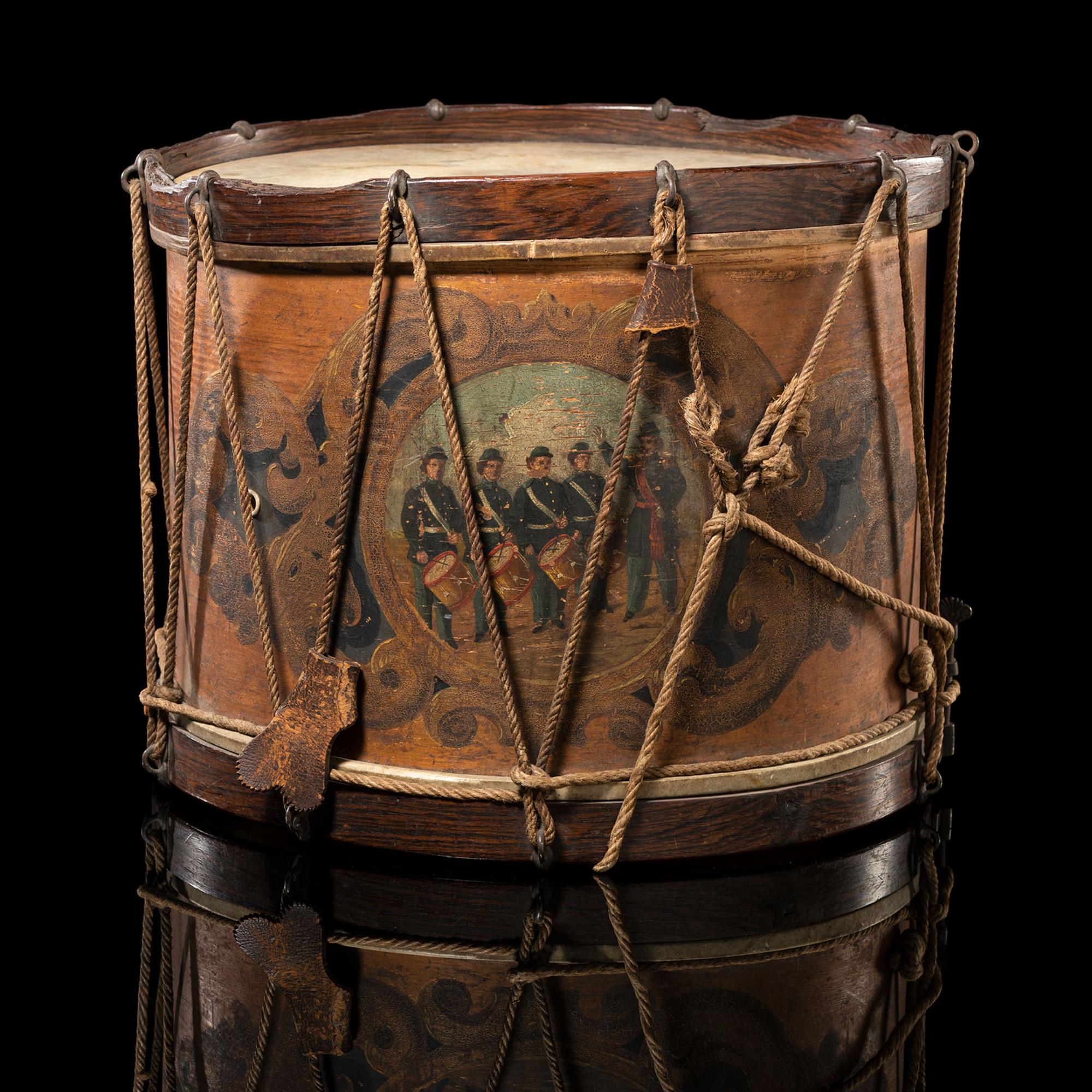 Civil War painted military snare drum featuring four drummers and officer. Manufactured by W.G. Metzerott & Co., Washington City, DC.