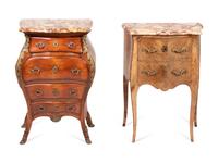 Two Louis XV Style Petit Commodes with Fleur de Pêche Marble Tops