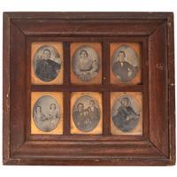 [EARLY PHOTOGRAPHY - PORTRAITURE]. A Daguerreian wall frame containing 6 quarter plate tintypes, with additional frames and mats, including: