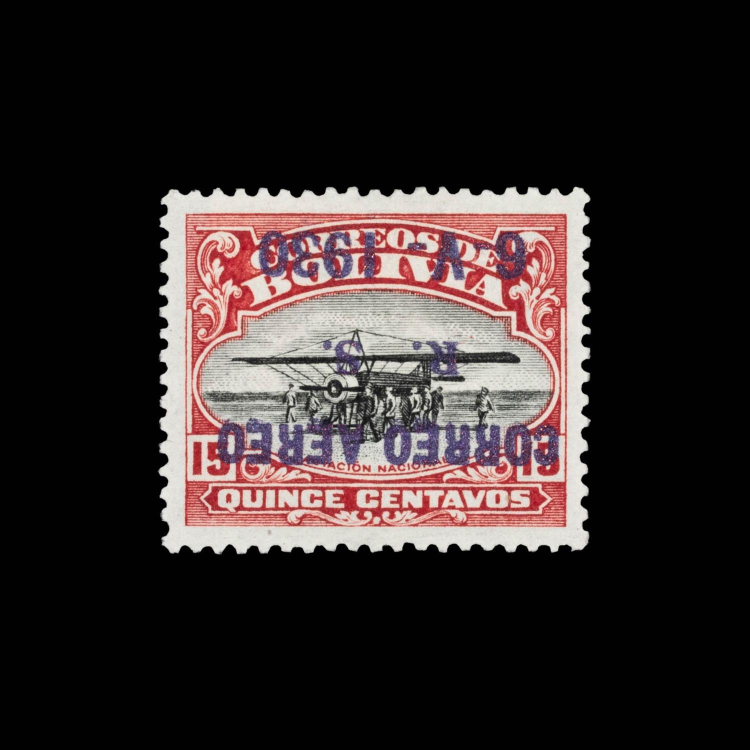 [SURCHARGE ERROR] BOLIVIA. Airmail. 1930. 15c. Carmine & Black with Violet Surcharge, (#C21a), Inverted Surcharge