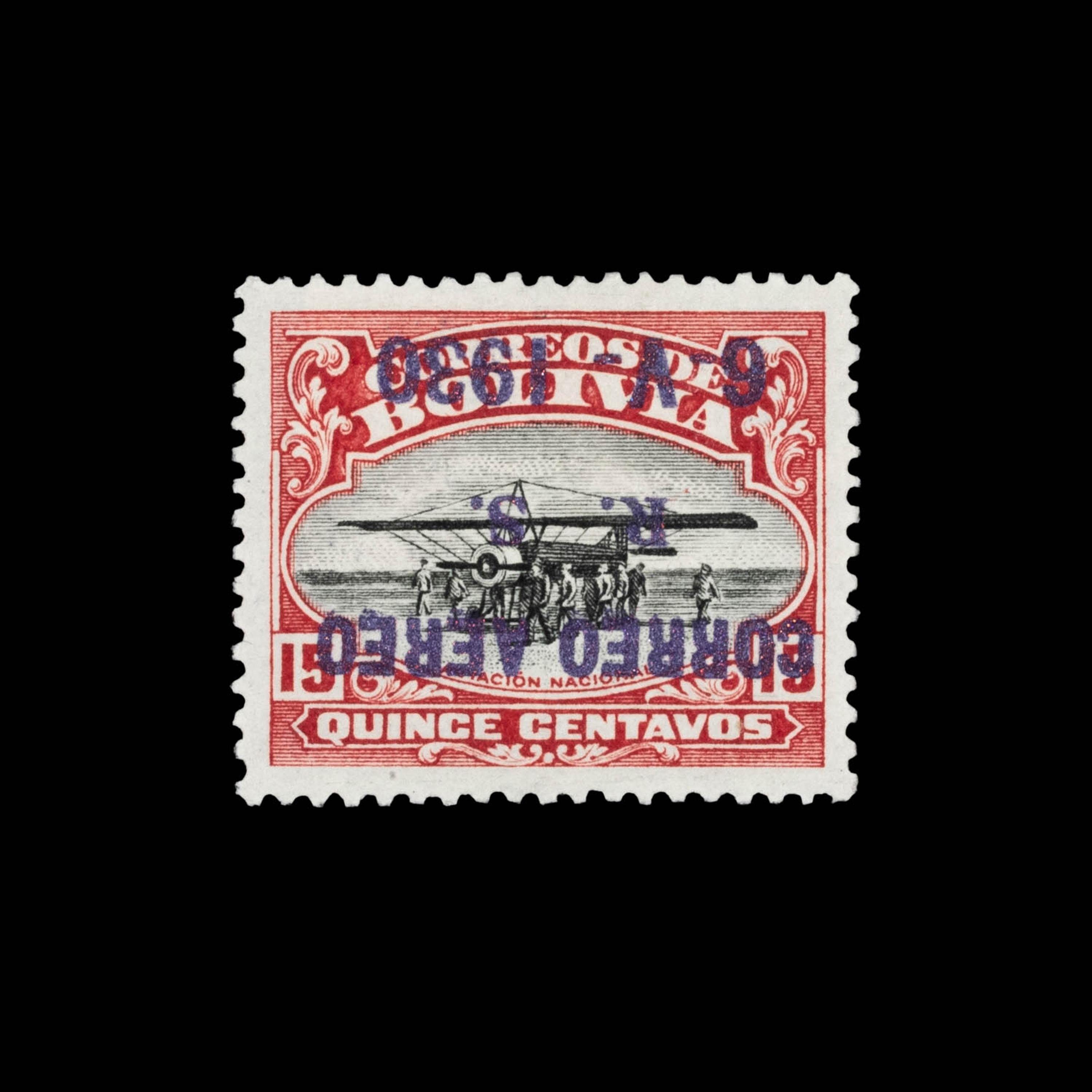 [SURCHARGE ERROR] BOLIVIA. Airmail. 1930. 15c. Carmine & Black with Violet Surcharge, (#C21a), Inverted Surcharge