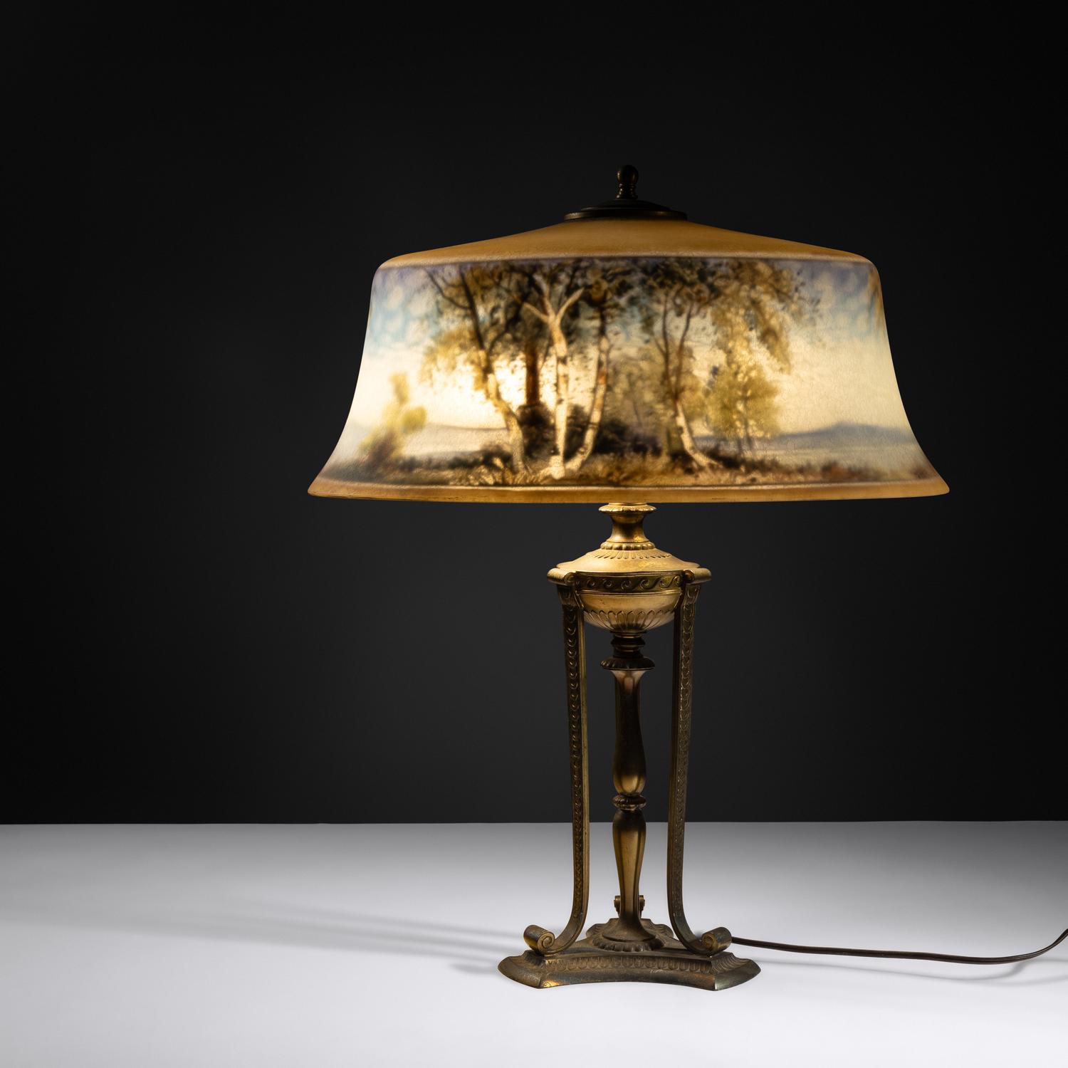 Reverse-painted Exeter lamp, c. 1915 Pairpoint Glass Company, USA