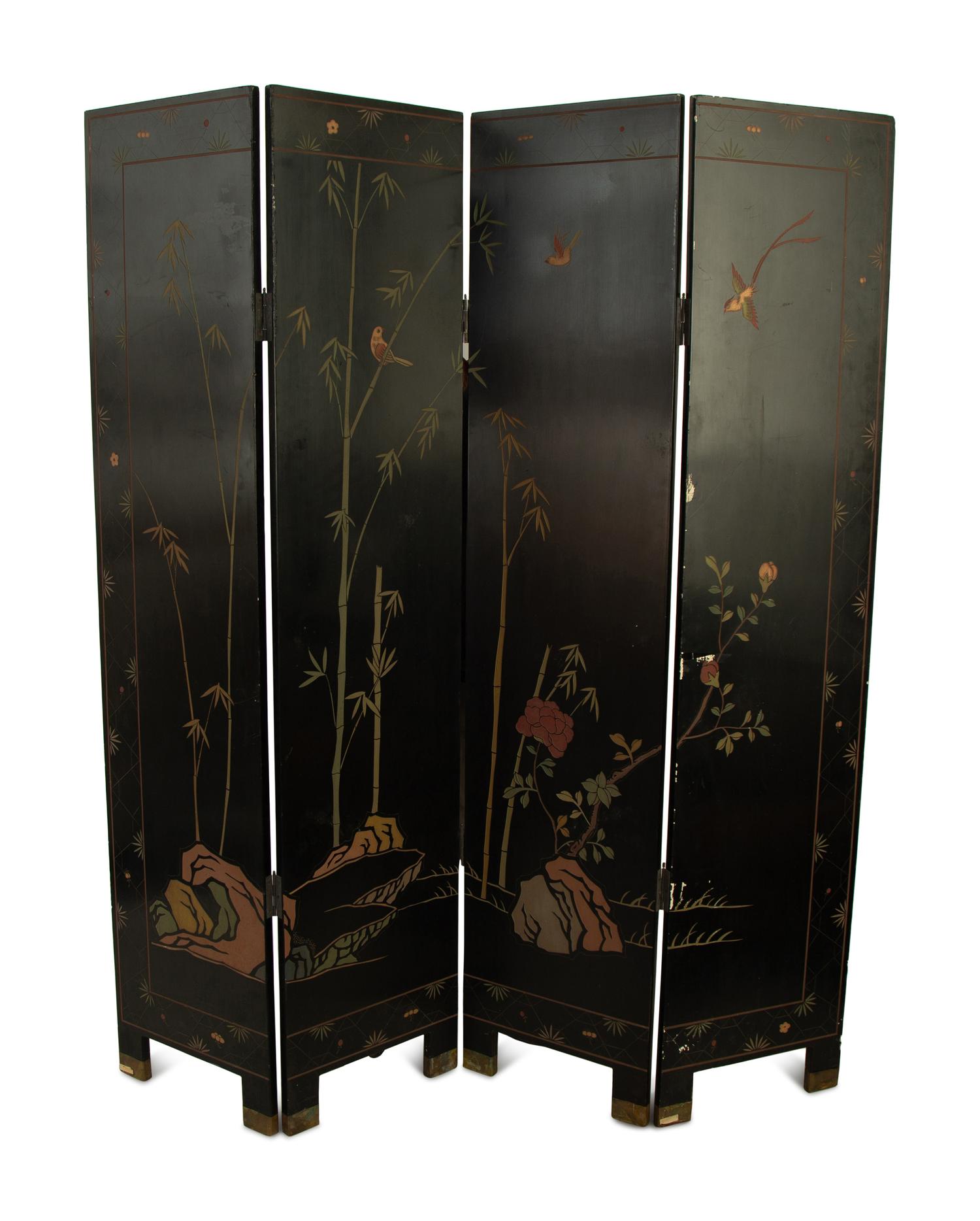 A Chinese Export Carved Lacquer Four-Panel Floor Screen