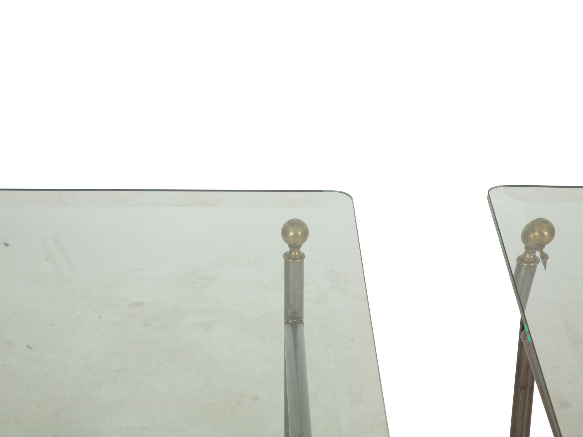 A Pair of Modernist Steel and Brass Glass-Top Side Tables — 20th Century