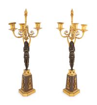 A Pair of Empire Style Gilt and Patinated Bronze Figural Candelabra