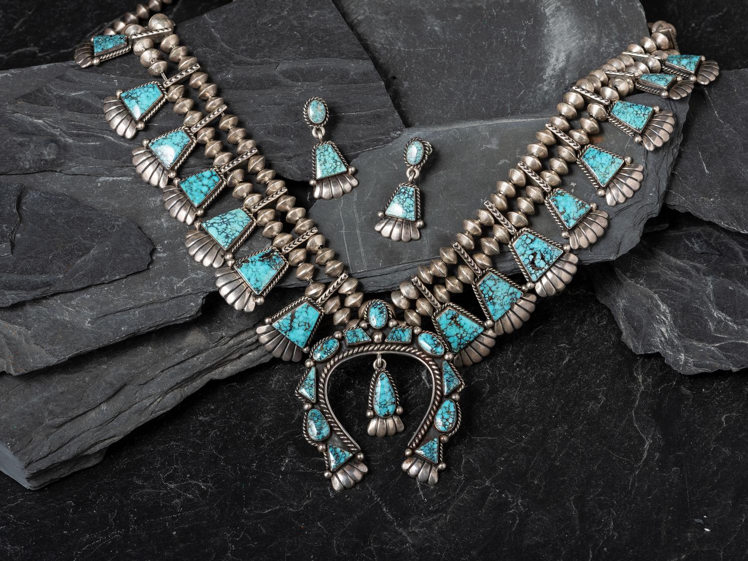 Silver and Black Diamond Turquoise Squash Blossom Necklace and Screwback Earring Set