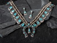 Silver and Black Diamond Turquoise Squash Blossom Necklace and Screwback Earring Set