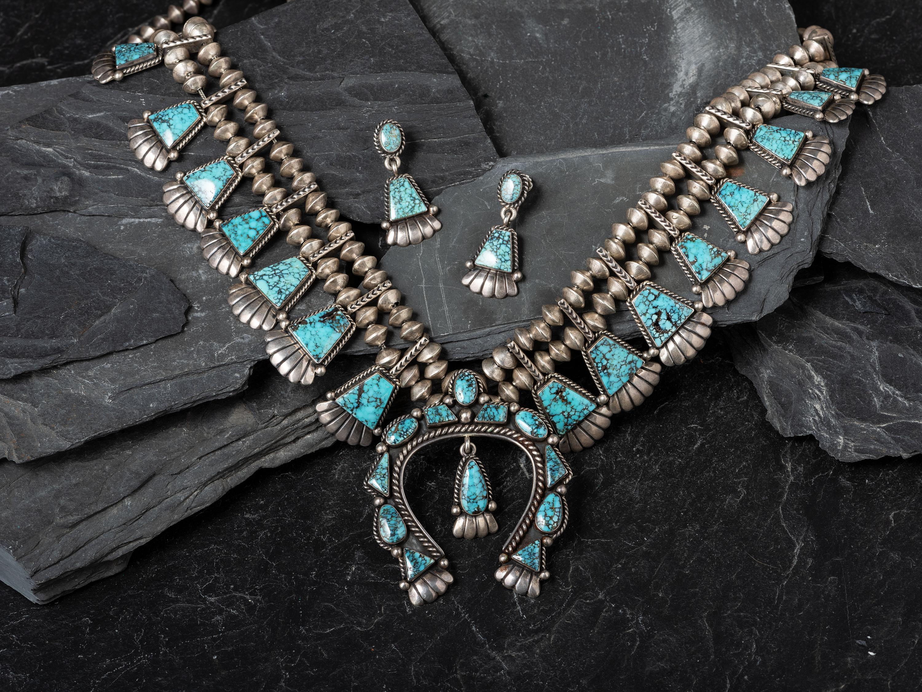 Silver and Black Diamond Turquoise Squash Blossom Necklace and Screwback Earring Set