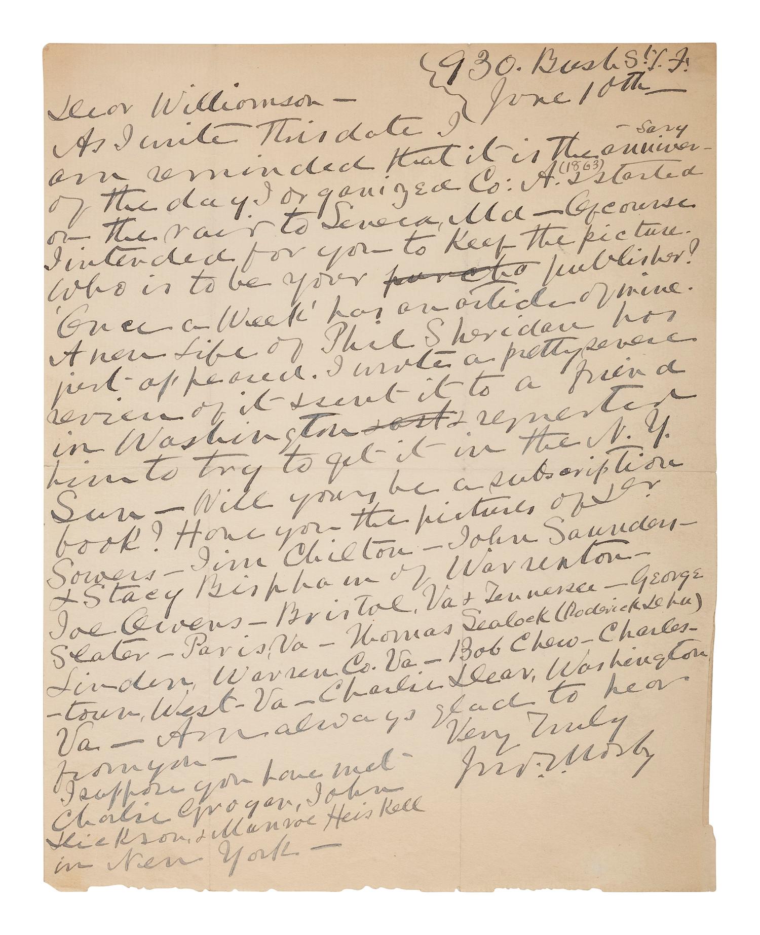 MOSBY, JOHN S. (1833-1916). ALS to James Williamson. [San Francisco], 10 June [1895]. Mosby acknowledges the anniversary of his raid against Seneca, MD, and mentions some of his rangers by name.