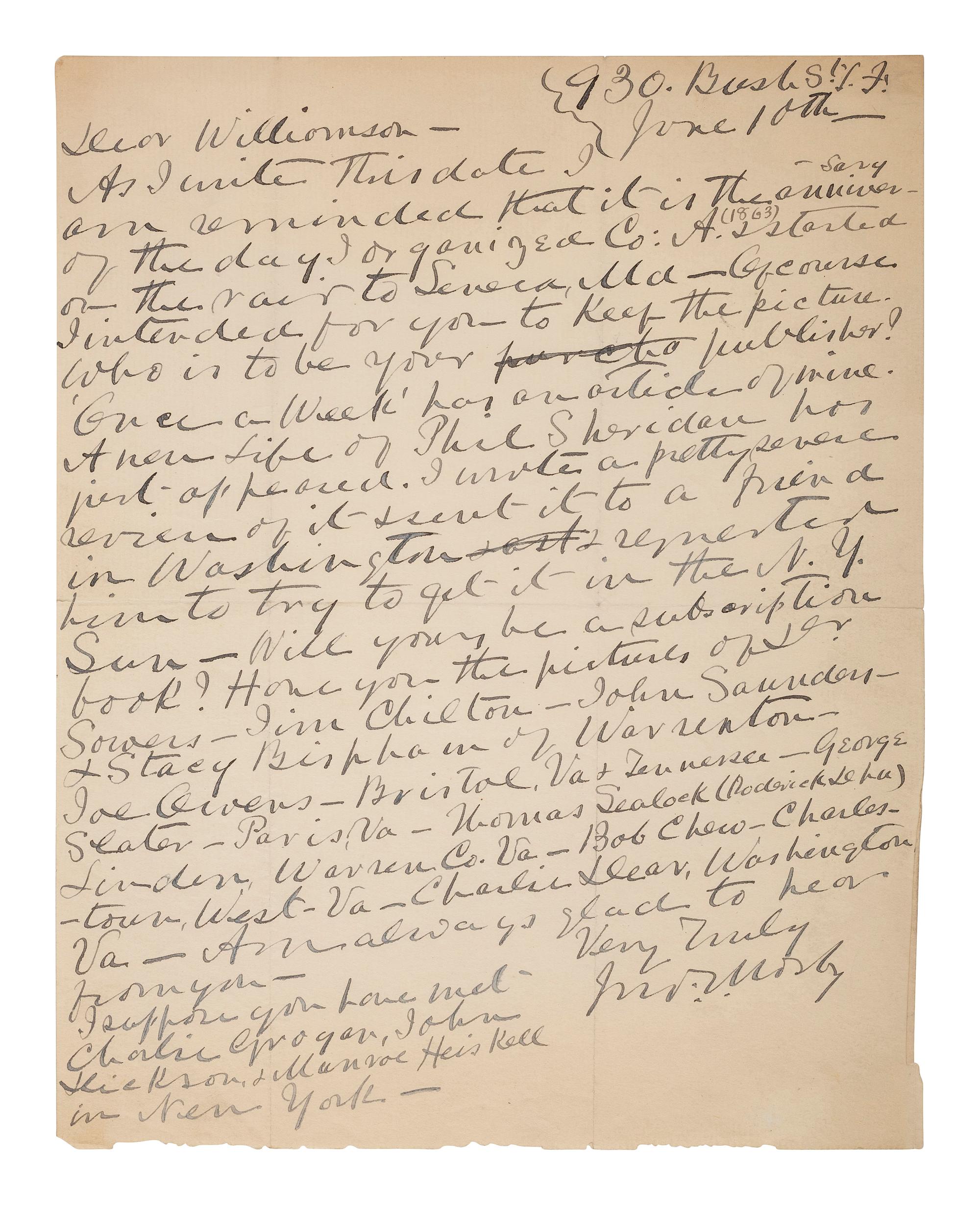 MOSBY, JOHN S. (1833-1916). ALS to James Williamson. [San Francisco], 10 June [1895]. Mosby acknowledges the anniversary of his raid against Seneca, MD, and mentions some of his rangers by name.