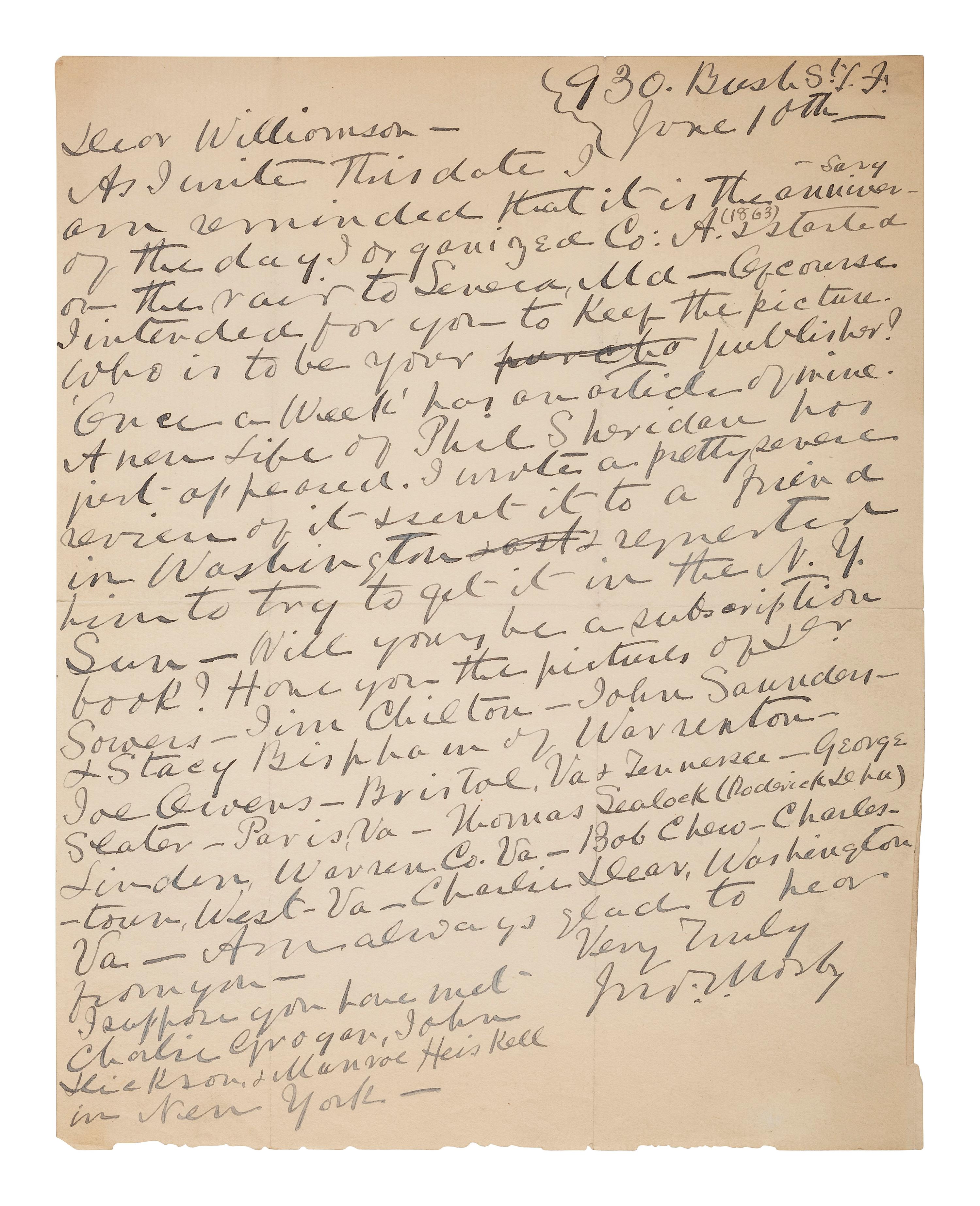 MOSBY, JOHN S. (1833-1916). ALS to James Williamson. [San Francisco], 10 June [1895]. Mosby acknowledges the anniversary of his raid against Seneca, MD, and mentions some of his rangers by name.