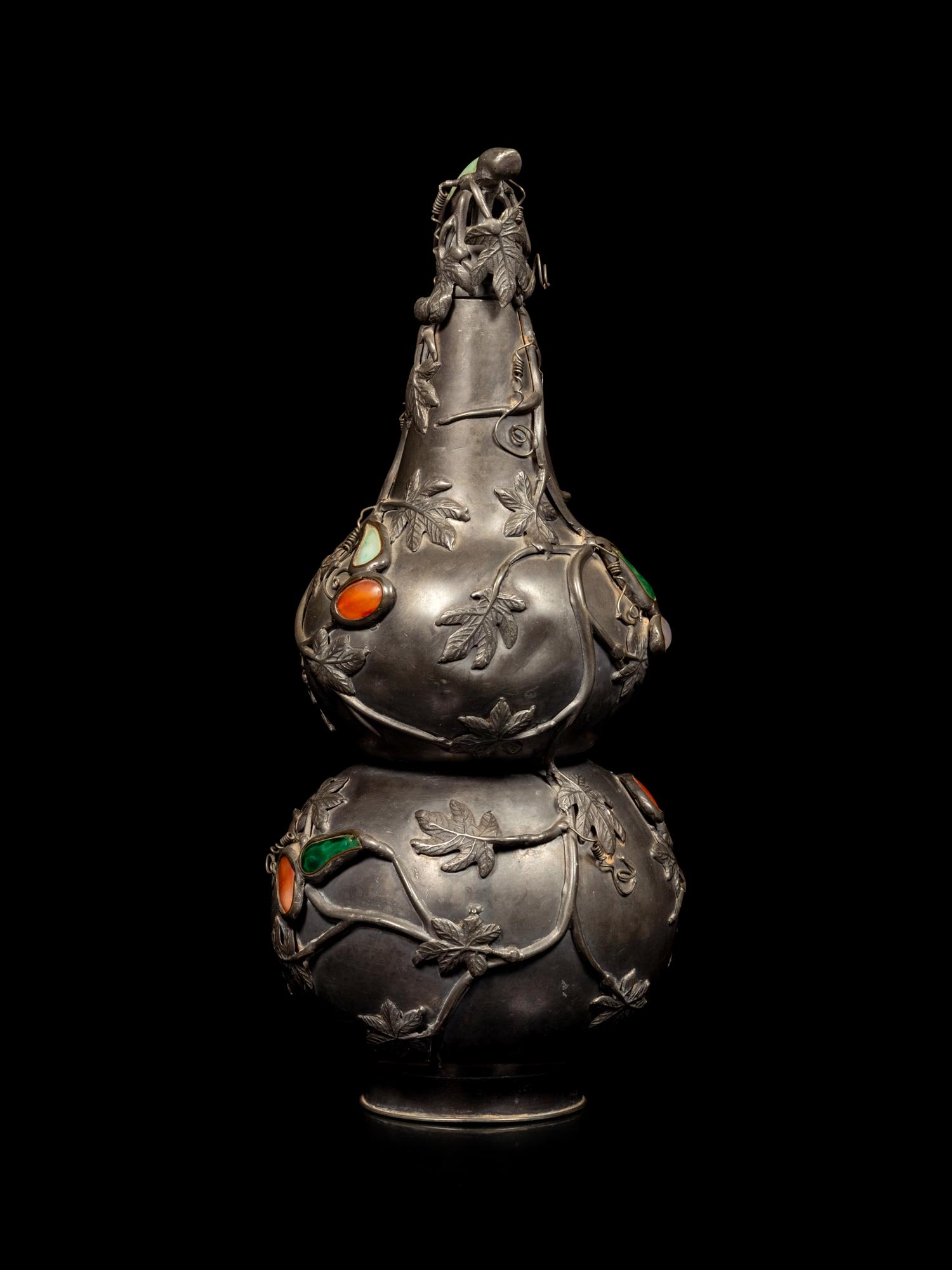 A Chinese Hardstone Inset Pewter Gourd-Form Vase