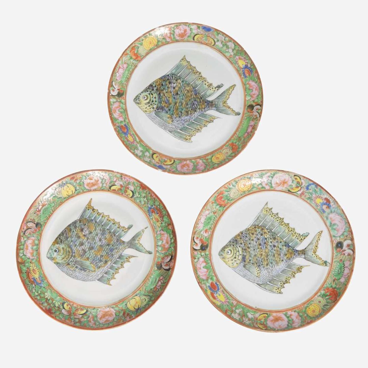 Three Ulysses S. Grant family Chinese Export porcelain Famille Rose Fish Plates circa 1879