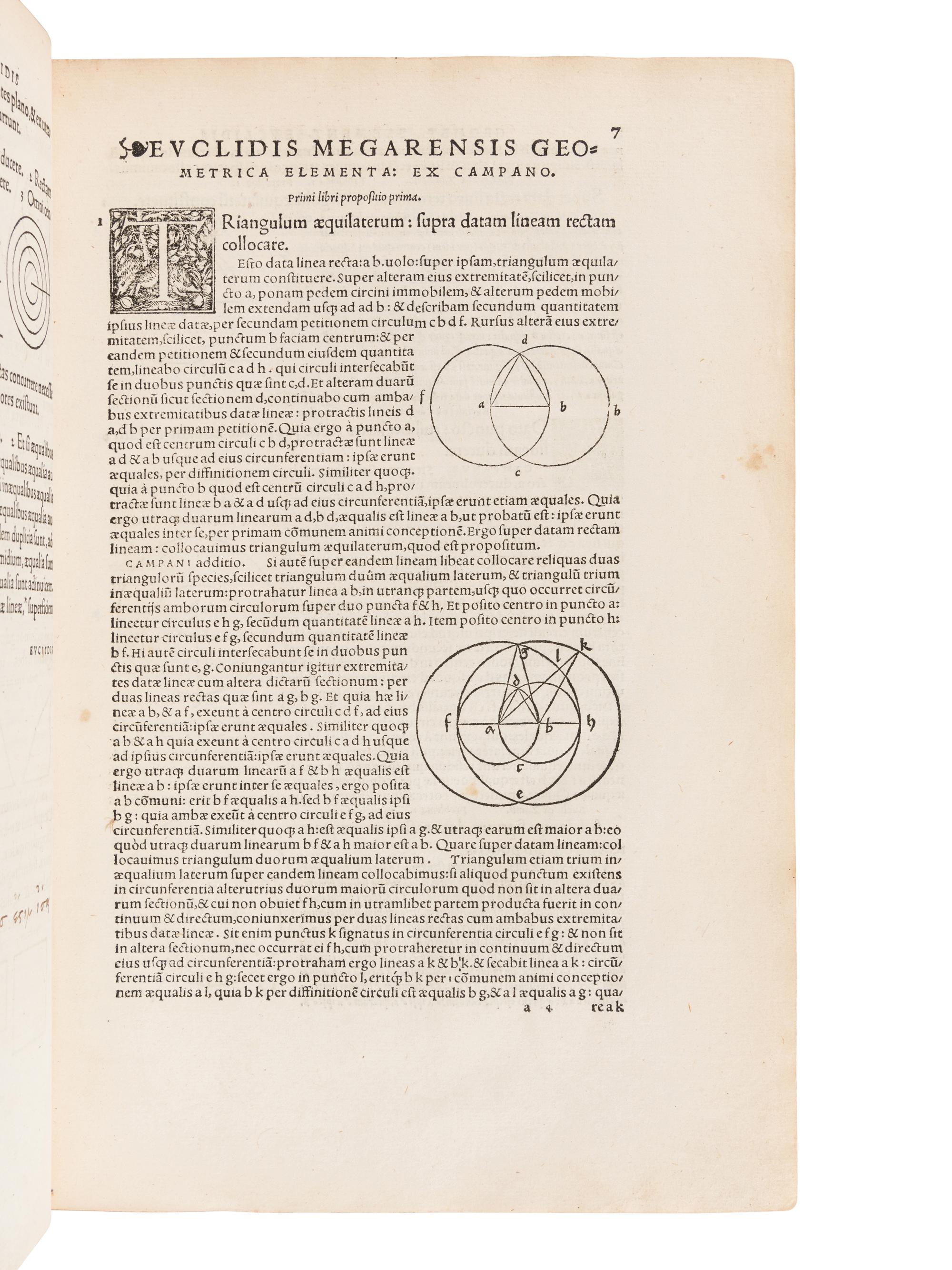 EUCLID (fl. ca 300 B.C.). Euclidis Megarensis Mathematici Clarissimi Elementorum Geometricorum Libri XV … Basel: Johann Herwagen, 1537.