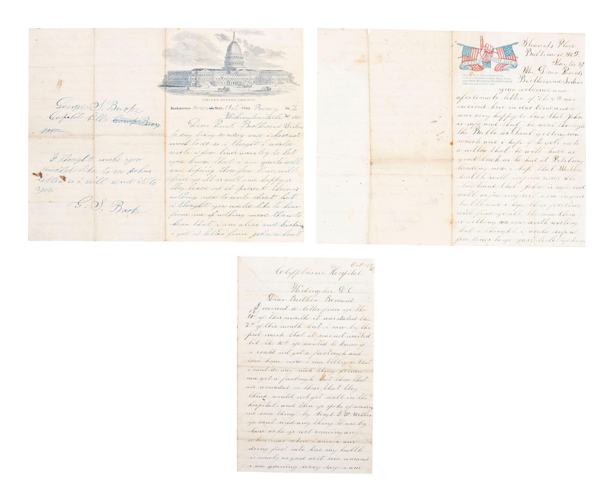 [CIVIL WAR]. Civil War letter archive of brothers George and James Burke, 1st New York Veteran Cavalry, and John Burke, 20th Kentucky Infantry, 1860-1865.