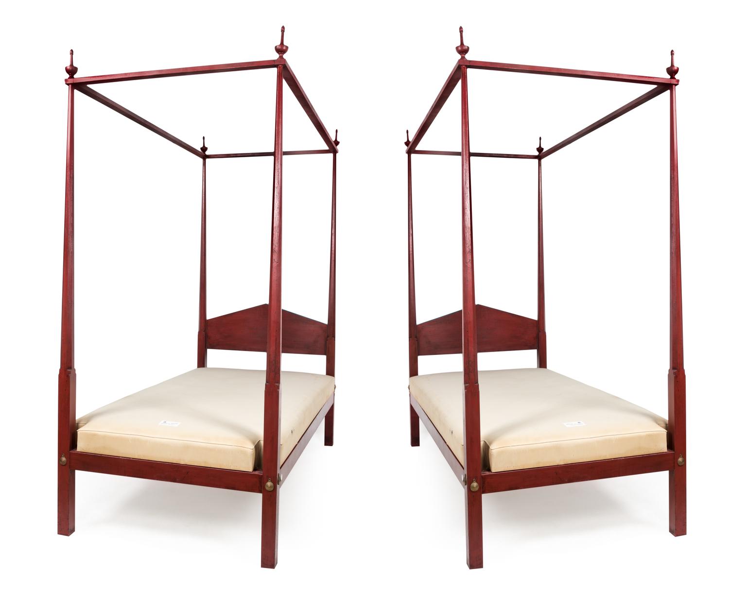 A Pair of Red-Painted George III Style Single Four-Poster Beds Height 82 inches. — 20TH CENTURY