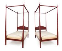 A Pair of Red-Painted George III Style Single Four-Poster Beds Height 82 inches. — 20TH CENTURY