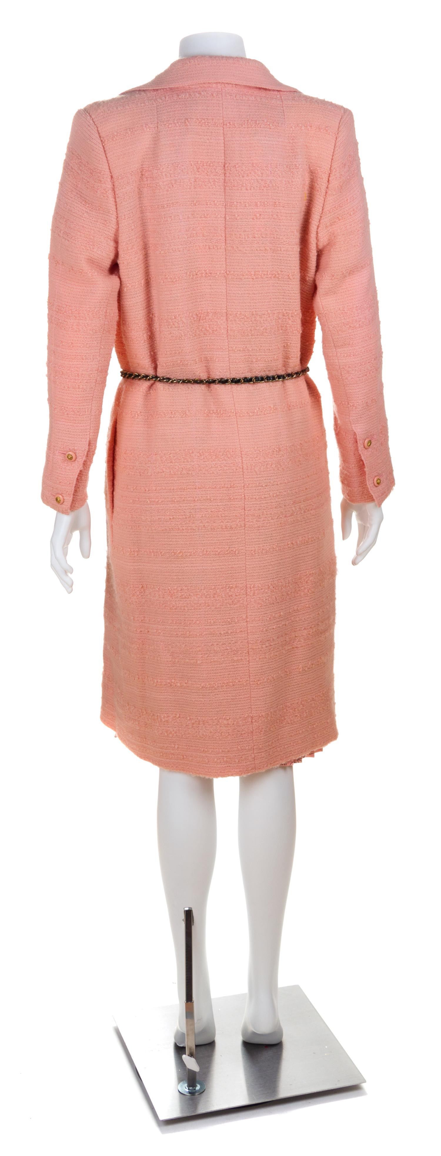 A Chanel Pink Silk Dress and Tweed Coat Ensemble, No size; Adjustable Belt: 35".