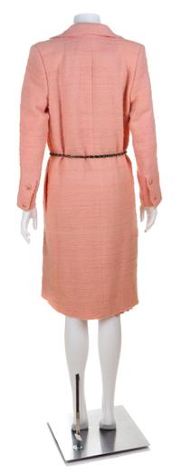 A Chanel Pink Silk Dress and Tweed Coat Ensemble, No size; Adjustable Belt: 35".