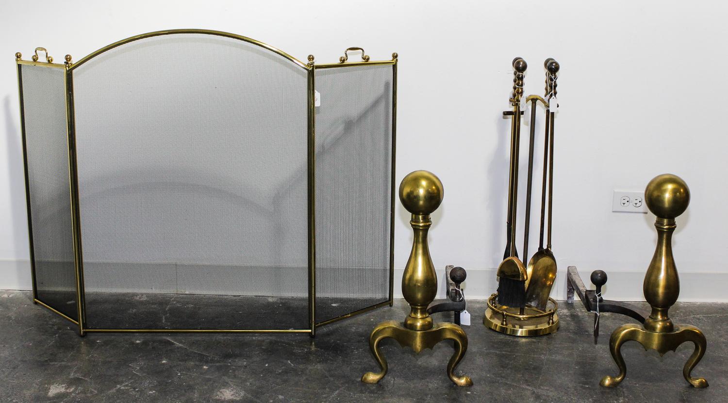 An Assembled Suite of Brass Fireplace Equipment Height of andirons 21 1/4 inches. — 20TH CENTURY