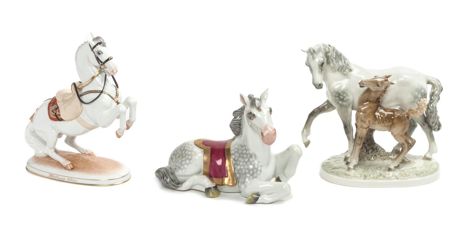 Three Continental Porcelain Horses Width of widest 9 inches. — 20TH CENTURY