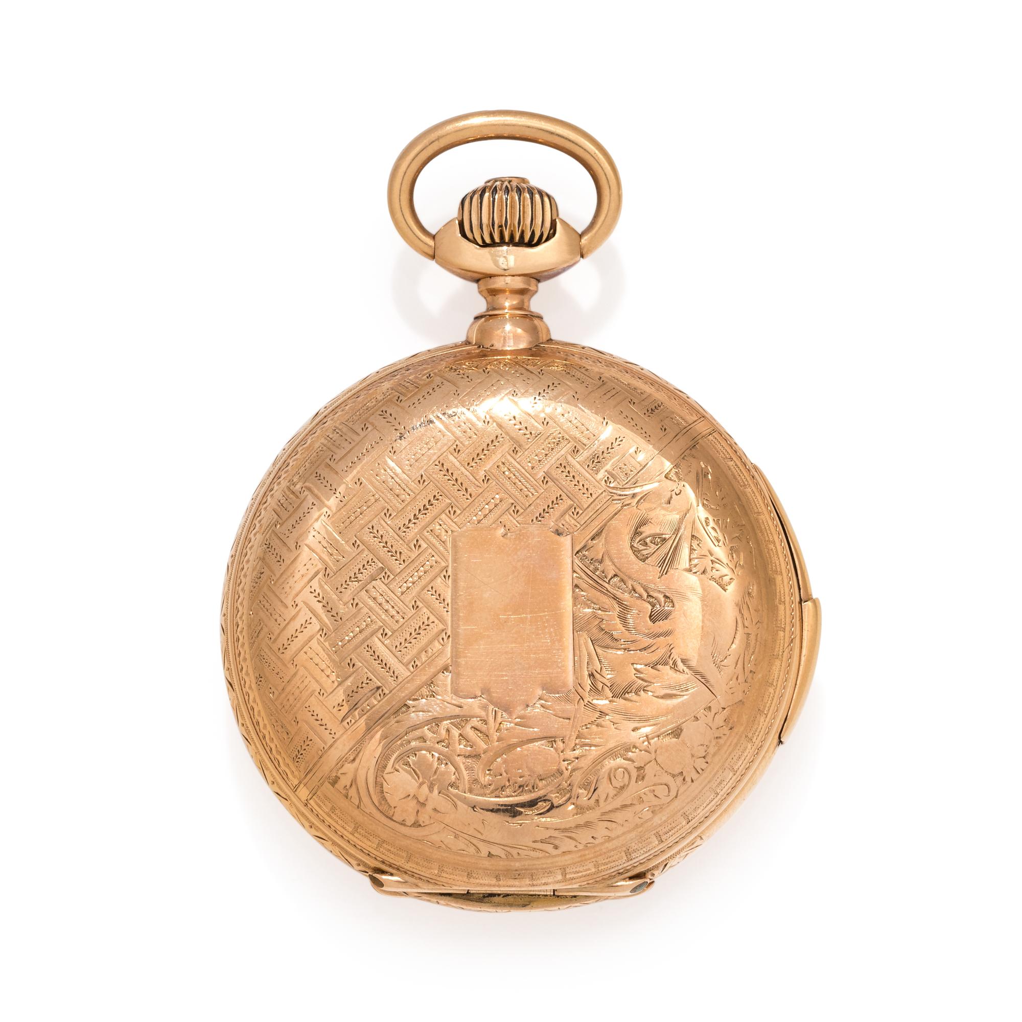 18K YELLOW GOLD AUTOMATON MINUTE REPEATER HUNTER CASE POCKET WATCH