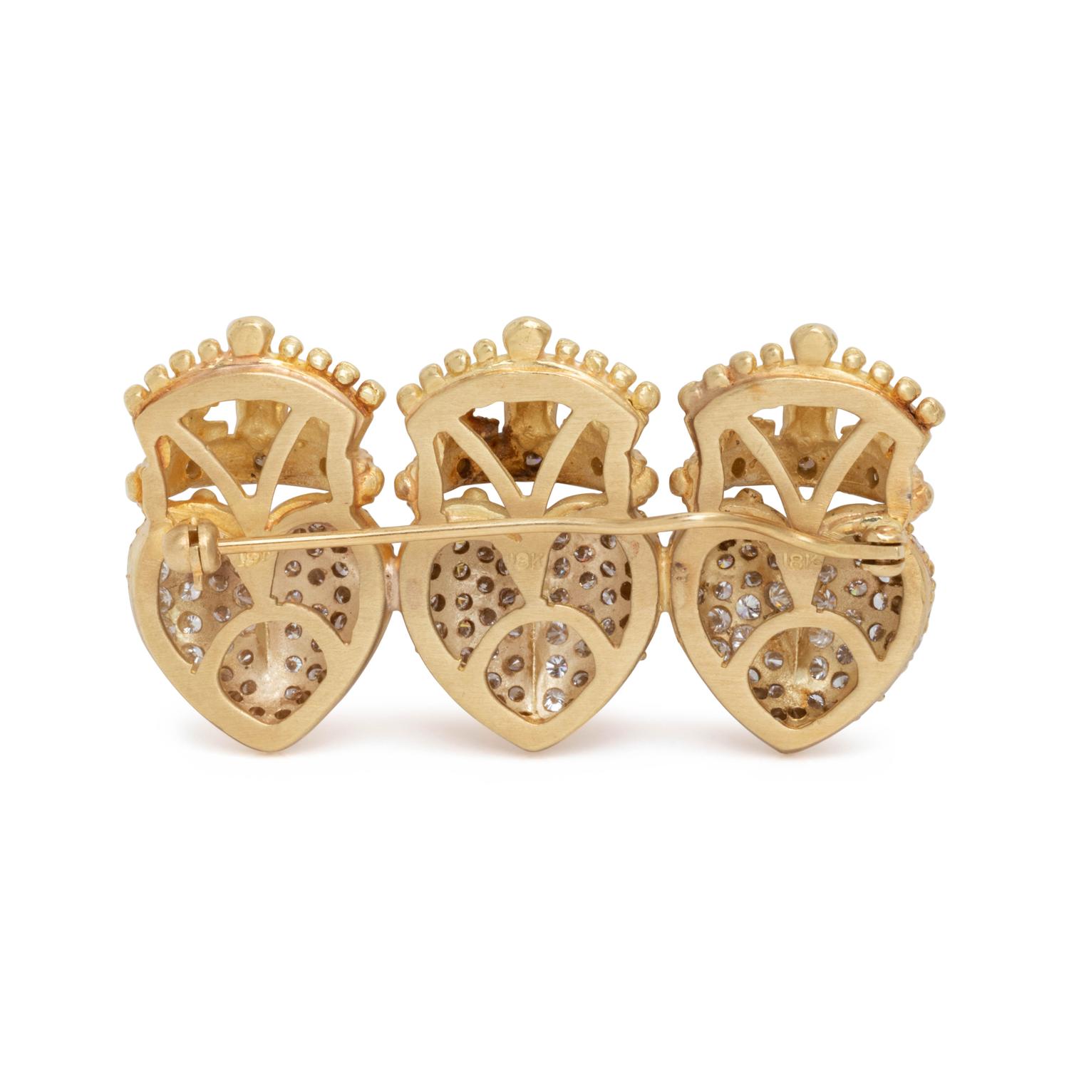 YELLOW GOLD AND DIAMOND TRIPLE CROWNED HEART BROOCH