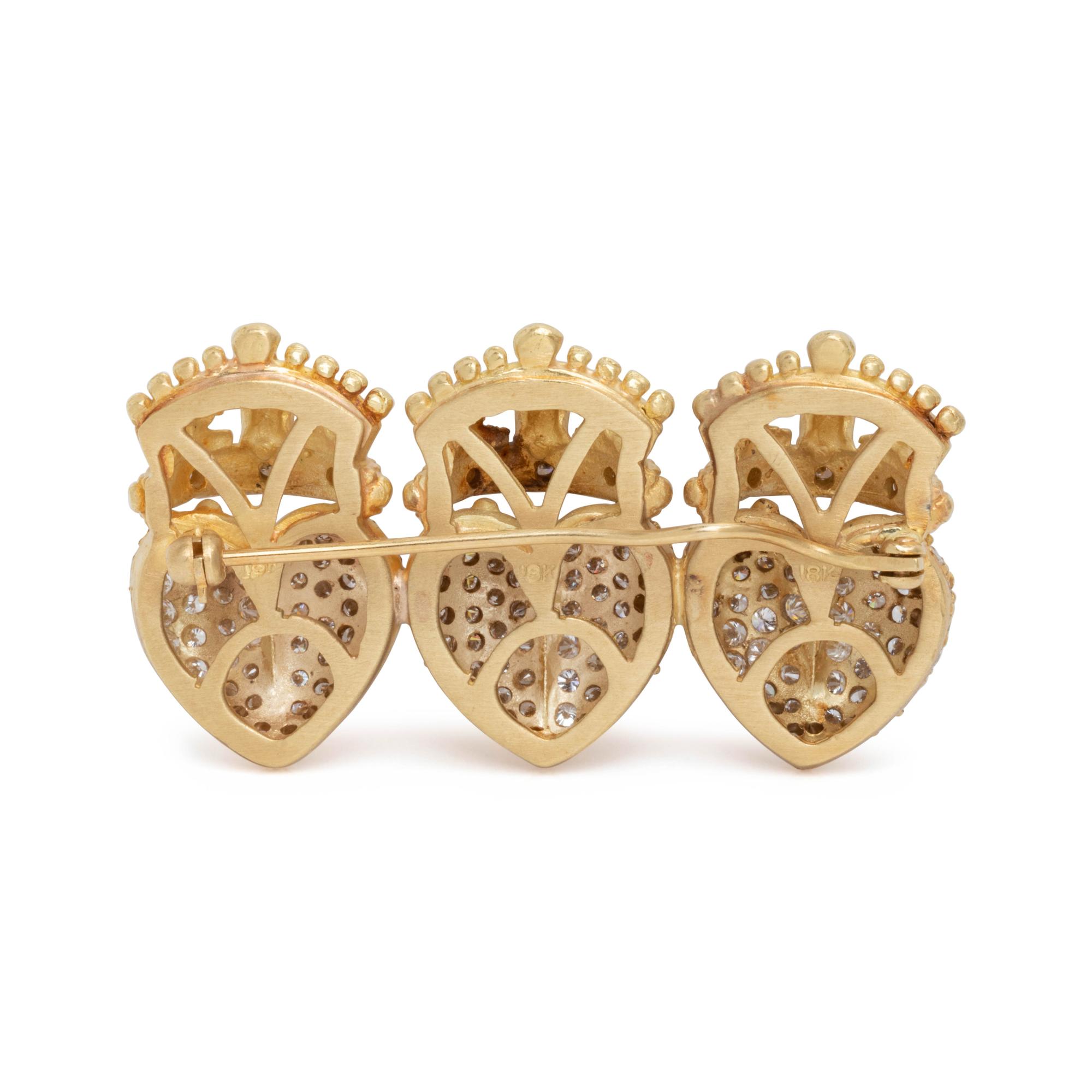 YELLOW GOLD AND DIAMOND TRIPLE CROWNED HEART BROOCH