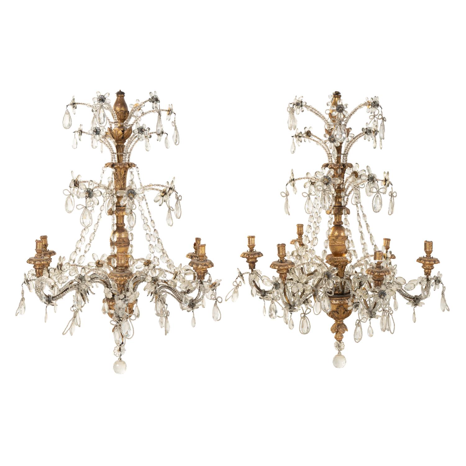 A Pair of Italian Giltwood and Cut-Glass Six-Light Chandeliers