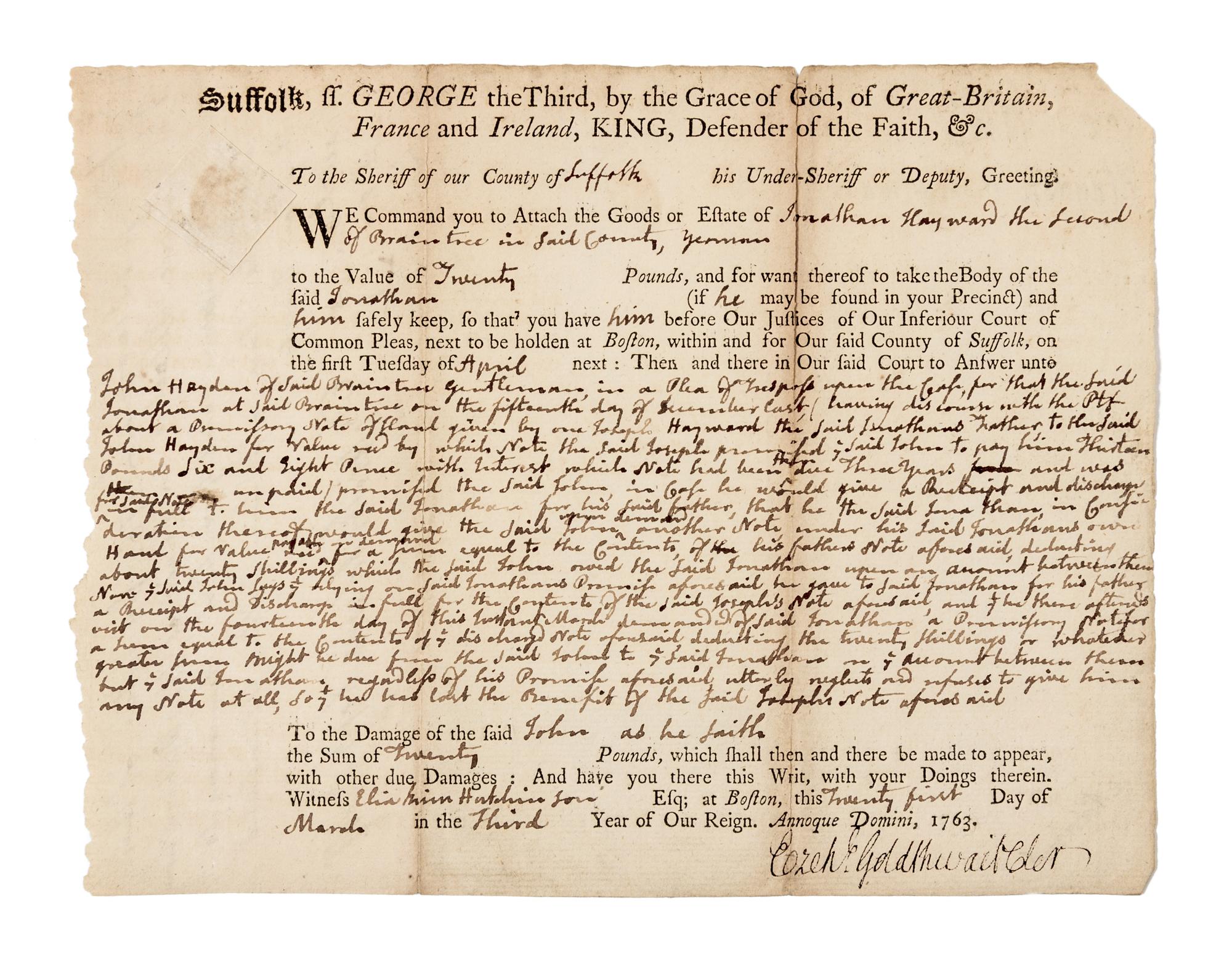 ADAMS, John (1735-1826). Partly printed document acomplished in Adams's holograph manuscript and signed ("Adams") in corner verso. 1763