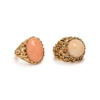 TWO YELLOW GOLD AND CORAL RINGS