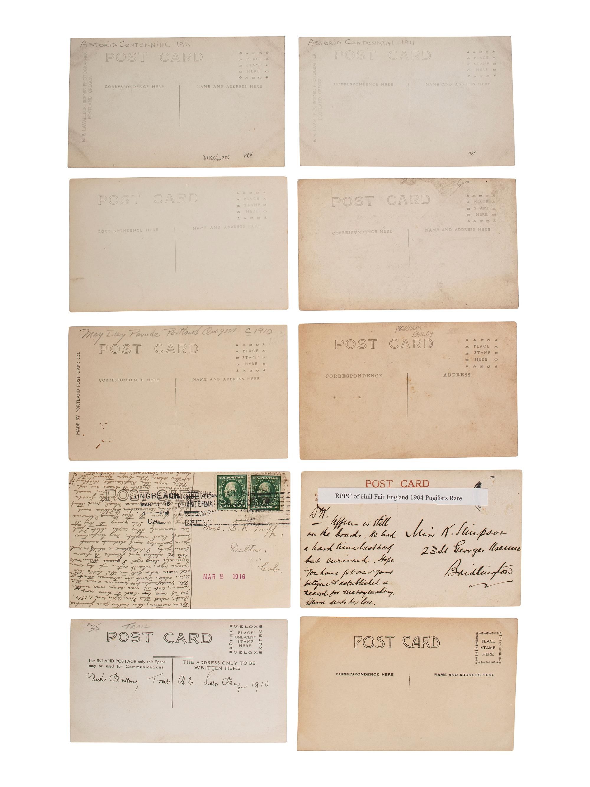 [EARLY PHOTOGRAPHY]. A group of 42 real photo postcards of cityscapes, town activities and disasters, parades, circuses, and fairs, highlighted by view of a child labor protest, an elephant parade, and bronco busting.