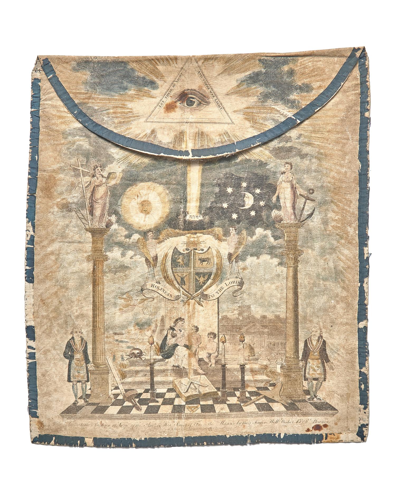 An Engraved and Hand-Colored Leather Masonic Apron, Engraver Robert Newman, London, England, 1798