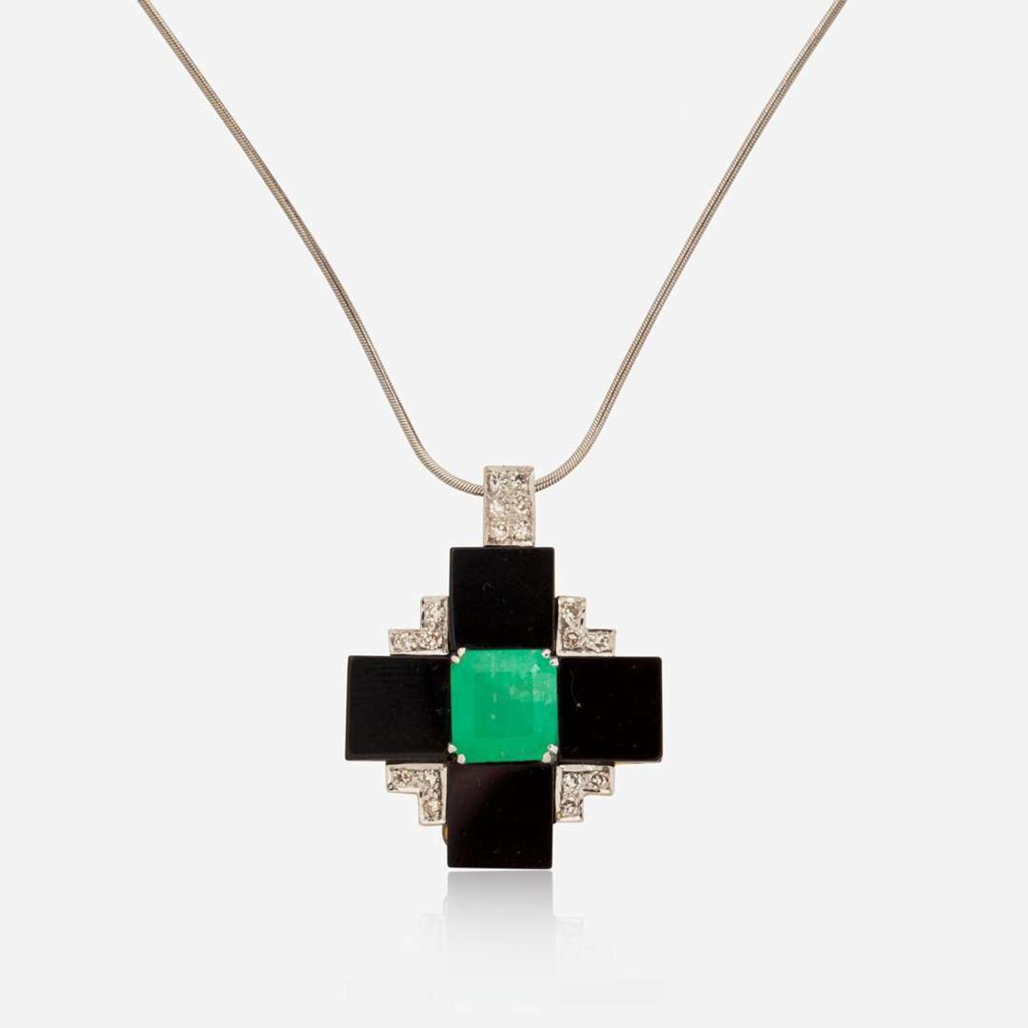 An 18K Gold, Emerald, Onyx, and Diamond Necklace