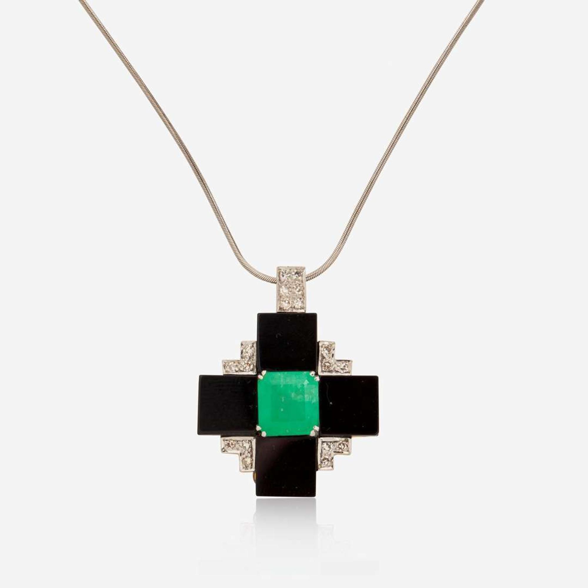 An 18K Gold, Emerald, Onyx, and Diamond Necklace