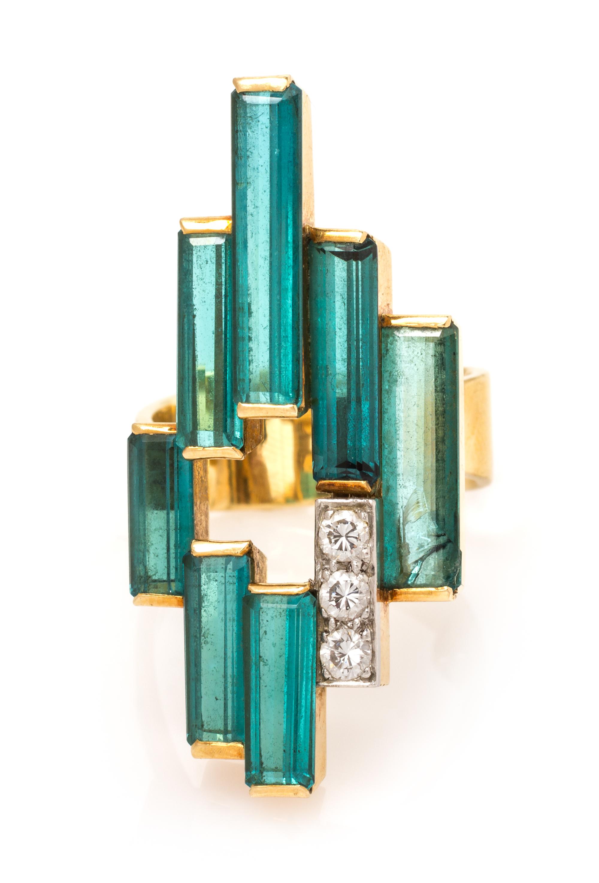 An 18 Karat Yellow Gold, Platinum, Green Tourmaline and Diamond Ring, Andrew Grima, Circa 1975, 10.30 dwts.