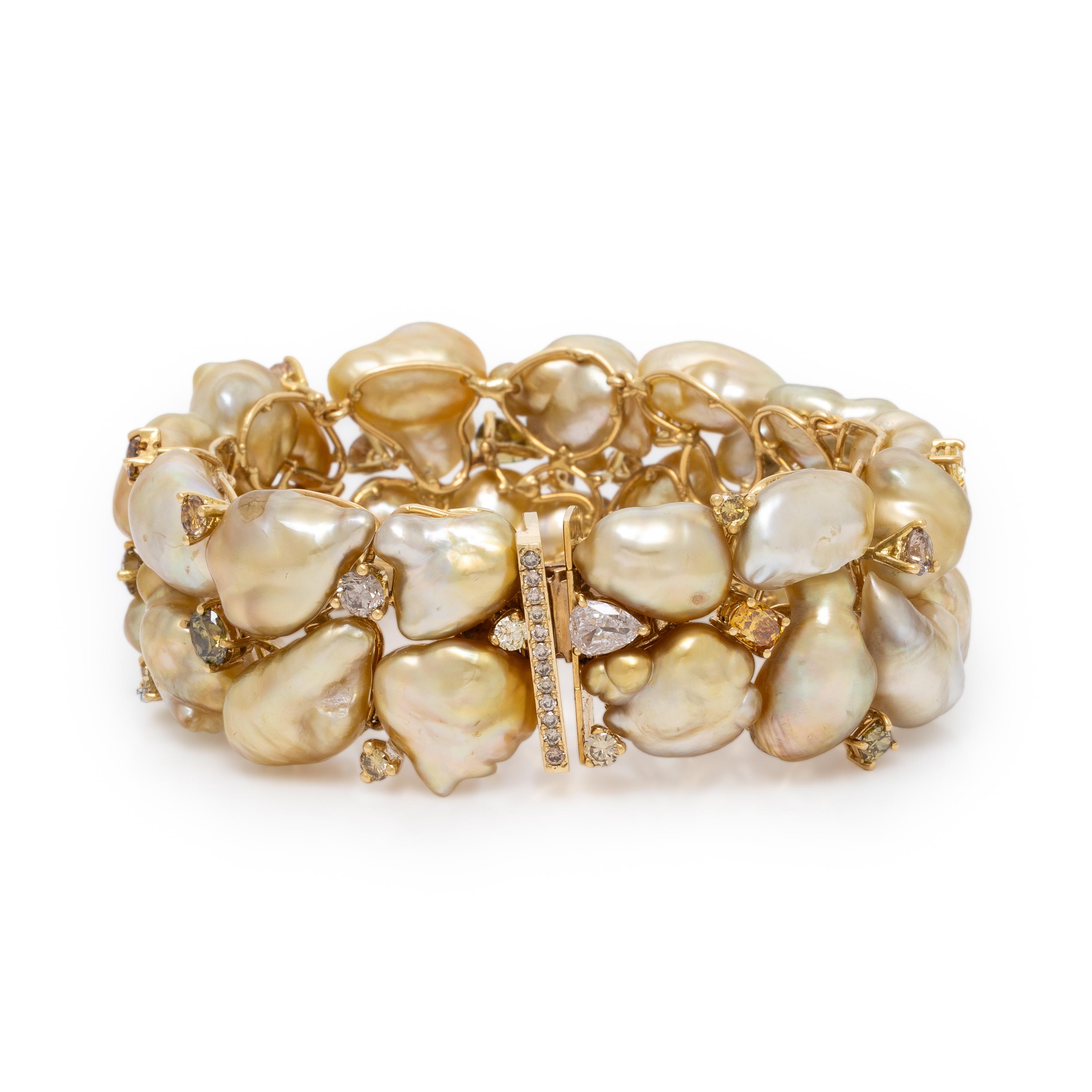 Yvel, Golden Baroque Cultured Pearl, Colored Diamond, and Yellow Gold Bracelet