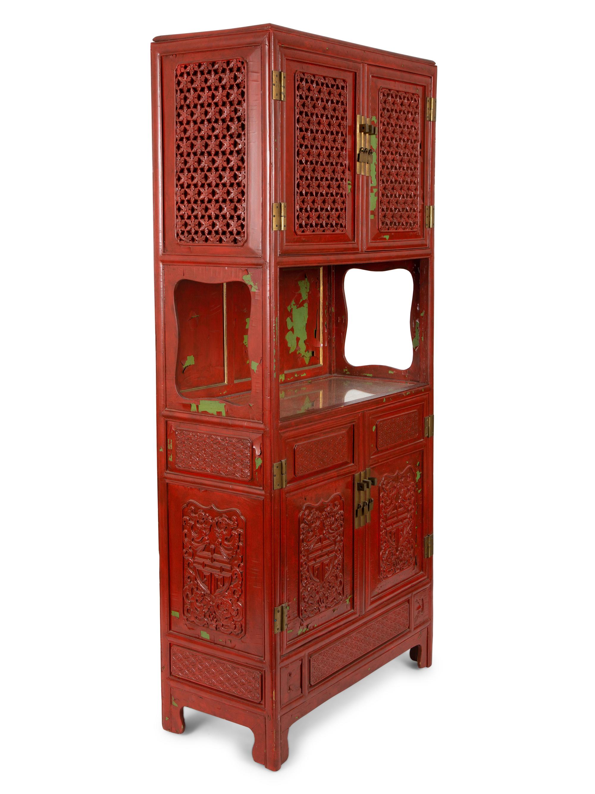 A Chinese Style Carved and Painted Cabinet on Chest — 20TH CENTURY