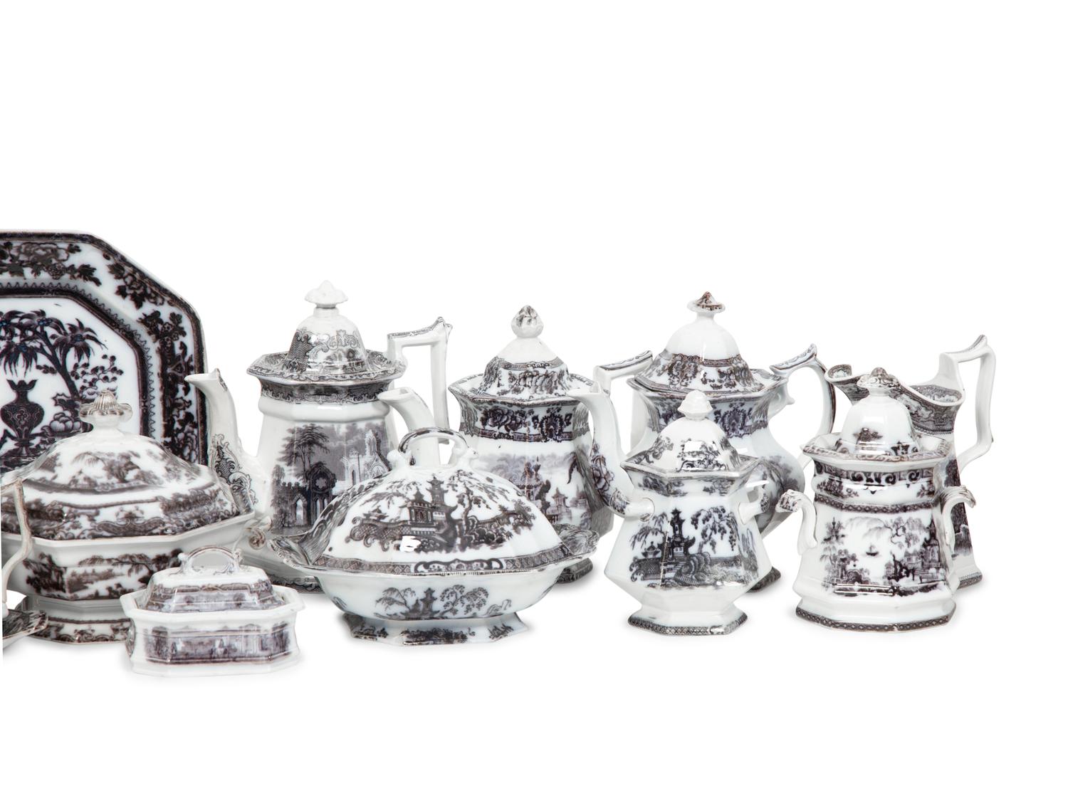 A Collection of Black and White Transfer-Decorated Ironstone