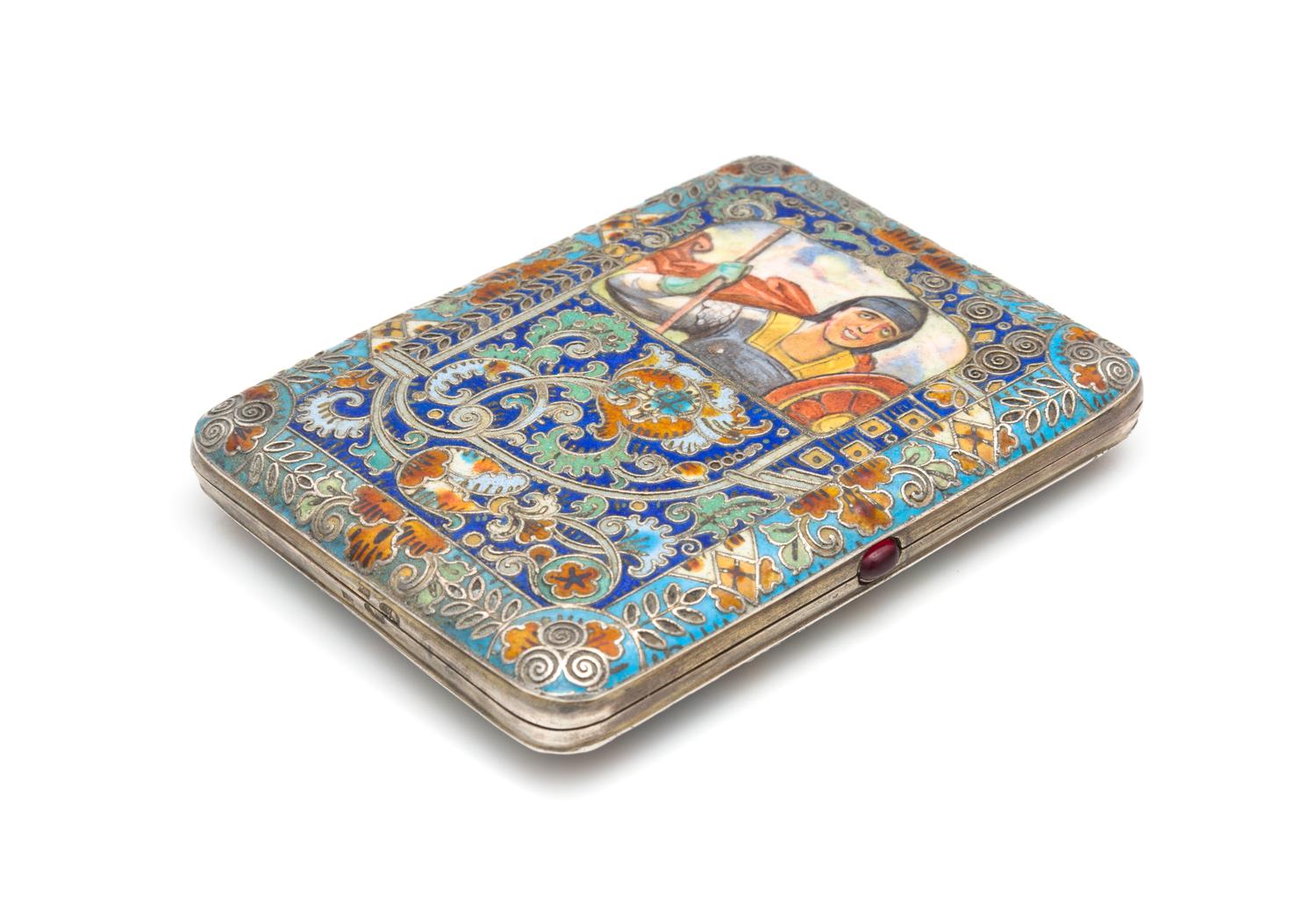 A Russian Enameled Silver Cigarette Case, Maker's Mark Cyrillic MYuN, Moscow, Late 19th/Early 20th Century, the lid decorated with a pa