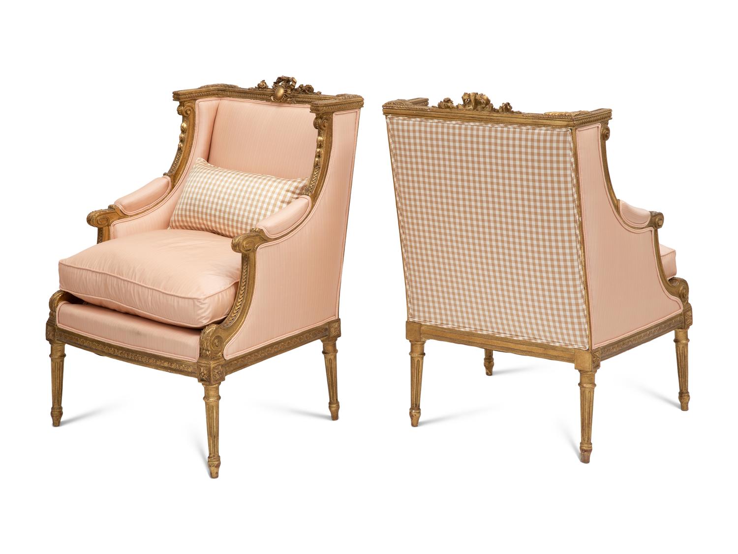 A Pair of Louis XVI Style Giltwood Bergères