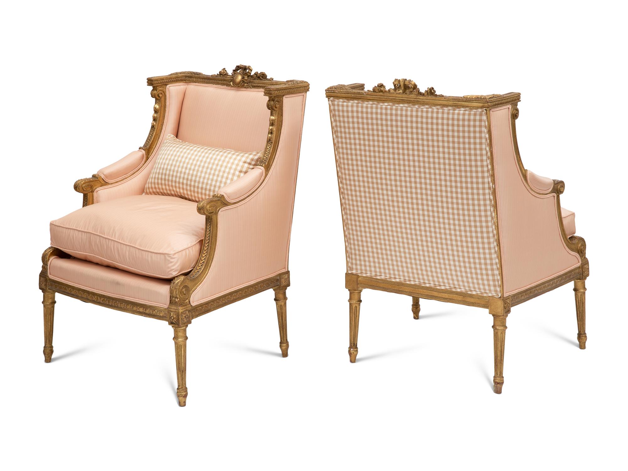 A Pair of Louis XVI Style Giltwood Bergères