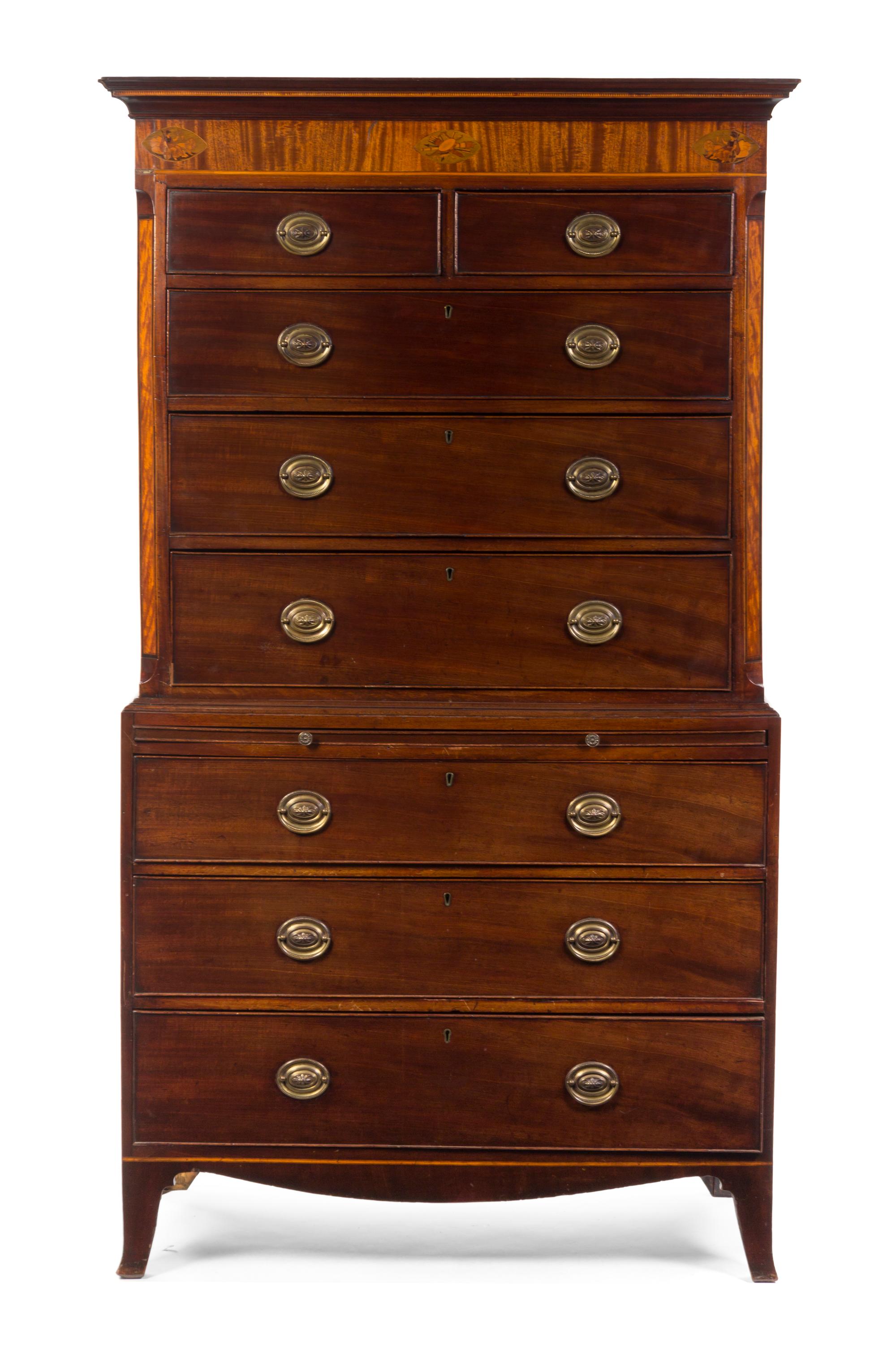 A George III Mahogany Chest on Chest, Height 78 x width 43 x depth 21 1/4 inches.