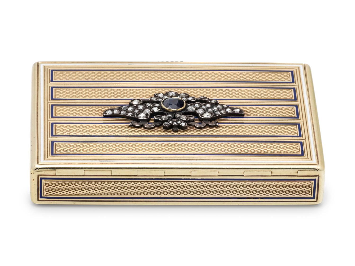 A Russian Yellow Gold, Enamel, Diamond and Sapphire Mounted Snuff Box